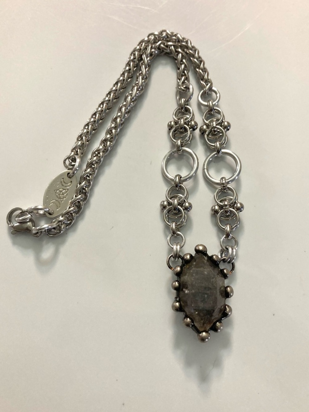 Smoky black herkimer diamond crystal on handmade maille stainless steel chain - Picture 7 of 16